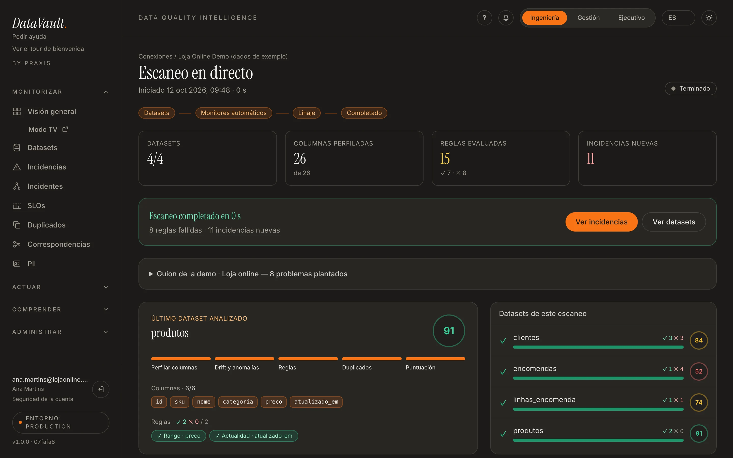 Pantalla del escaneo en directo de BeryX con el pack Loja online, con la lista de reglas fallidas y la puntuación de cada dataset